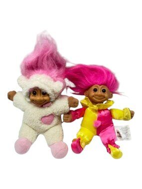 Vintage Russ Troll Doll Lot 2 Toy 7 inch Pink Clown and White Lamb 1990s